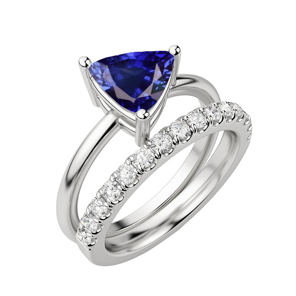 Diamond Wedding Ring Set Trillion Blue Sapphire Gold 14K