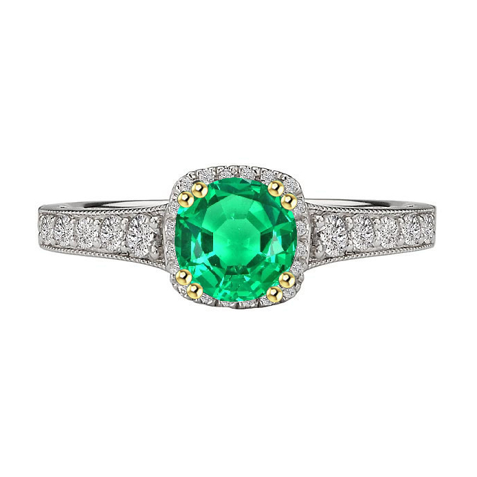Diamonds With Green Emerald Ring Milgrain 
