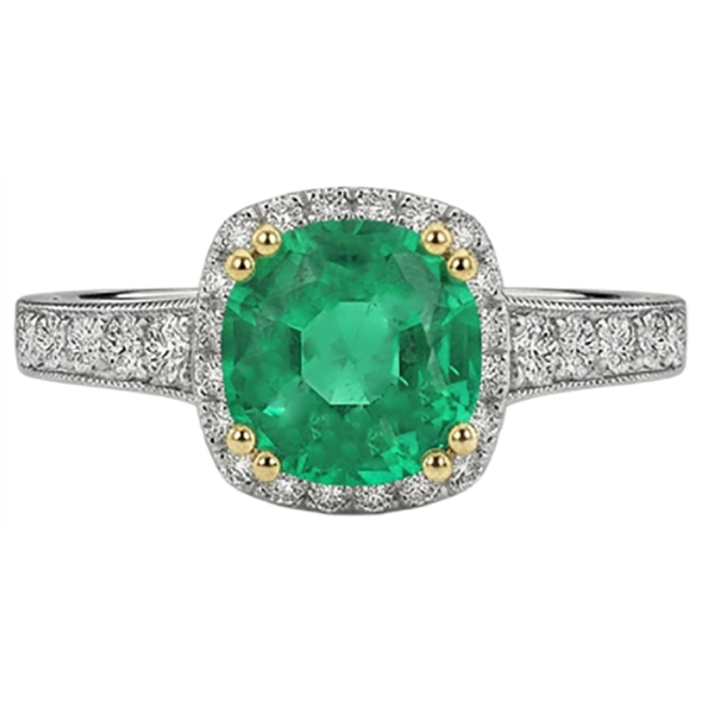 Natural Real ( Not Lab Grown ) Diamonds With Green Emerald GIA Ring Milgrain