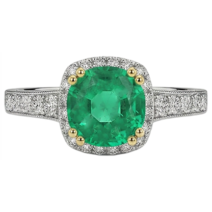 Natural Real ( Not Lab Grown ) Diamonds With Green Emerald GIA Ring Milgrain