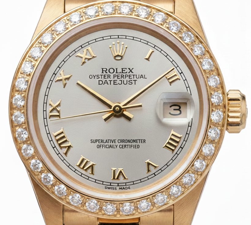 Dj Rolex Gold President Style Watch White Roman Dial Diamond Bezel