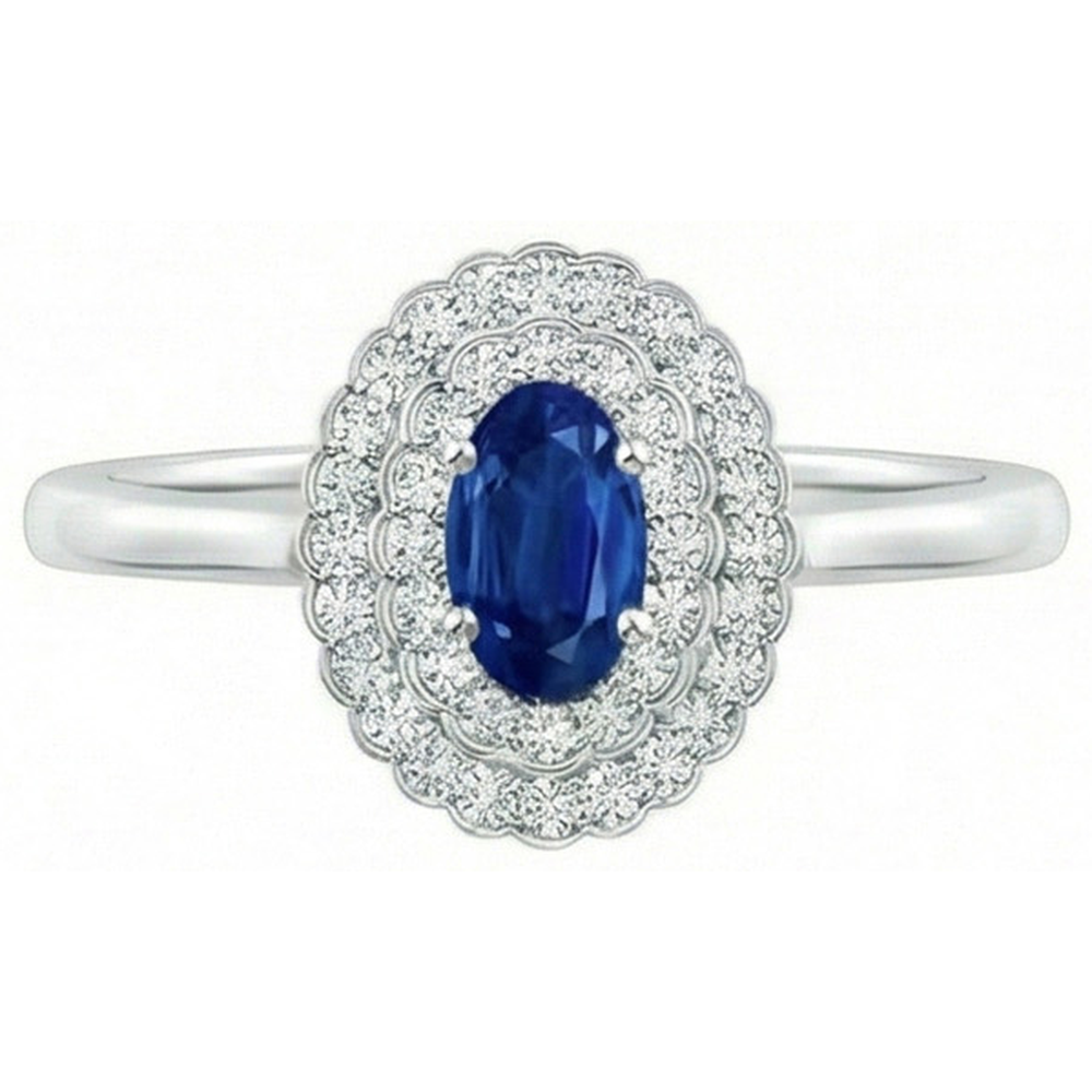 Double Halo Blue Sapphire With Natural Earth Mined Diamonds Ring 3.25 Carats