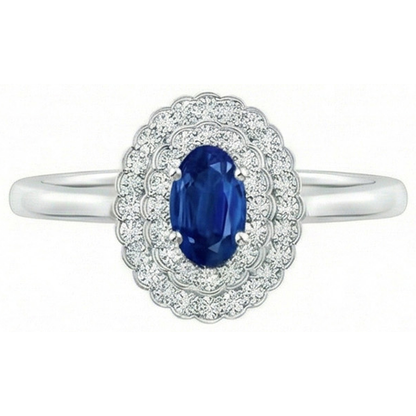 Double Halo Blue Sapphire With Natural Earth Mined Diamonds Ring 3.25 Carats