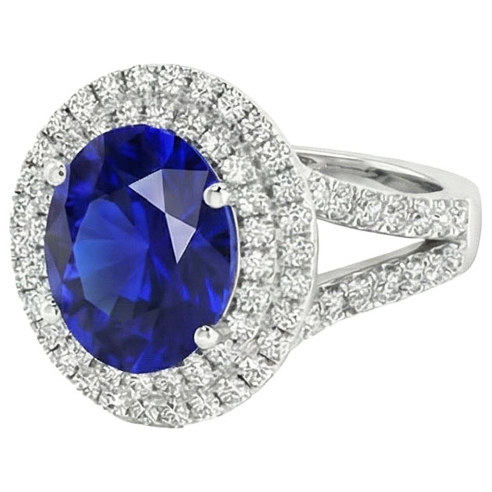 Natural Real ( Not Lab Grown )  Double Halo Ceylon Sapphire Engagement Ring 6.75 Carats Ladies Jewelry