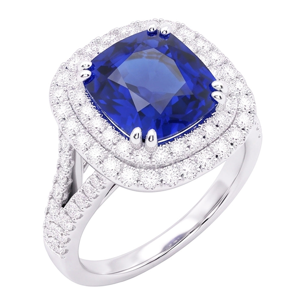 Double Halo Cushion Sapphire Ring Pave Split Shank Natural Earth Mined Diamonds 4 Carats