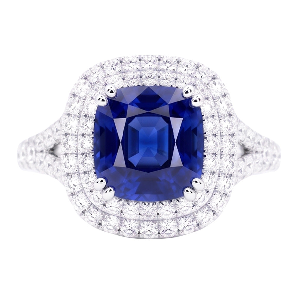 Double Halo Cushion Sapphire Ring Pave Split Shank Natural Earth Mined Diamonds 4 Carats
