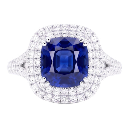 Double Halo Cushion Sapphire Ring Pave Split Shank Natural Earth Mined Diamonds 4 Carats