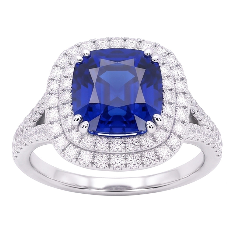 Double Halo Cushion Sapphire Ring Pave Split Shank Natural Earth Mined Diamonds 4 Carats
