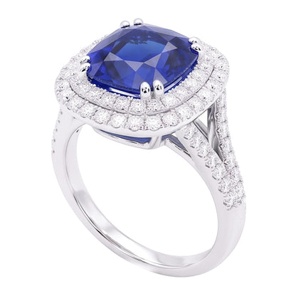 Double Halo Cushion Sapphire Ring Pave Split Shank Natural Earth Mined Diamonds 4 Carats