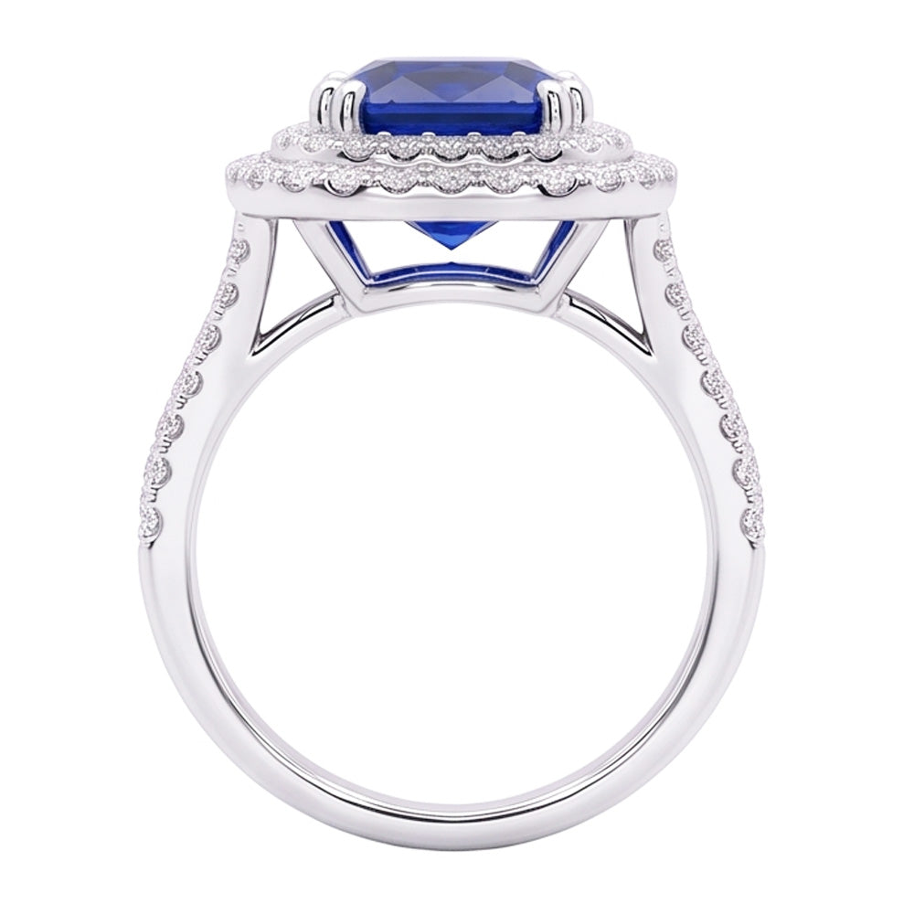 Double Halo Cushion Sapphire Ring Pave Split Shank Natural Earth Mined Diamonds 4 Carats