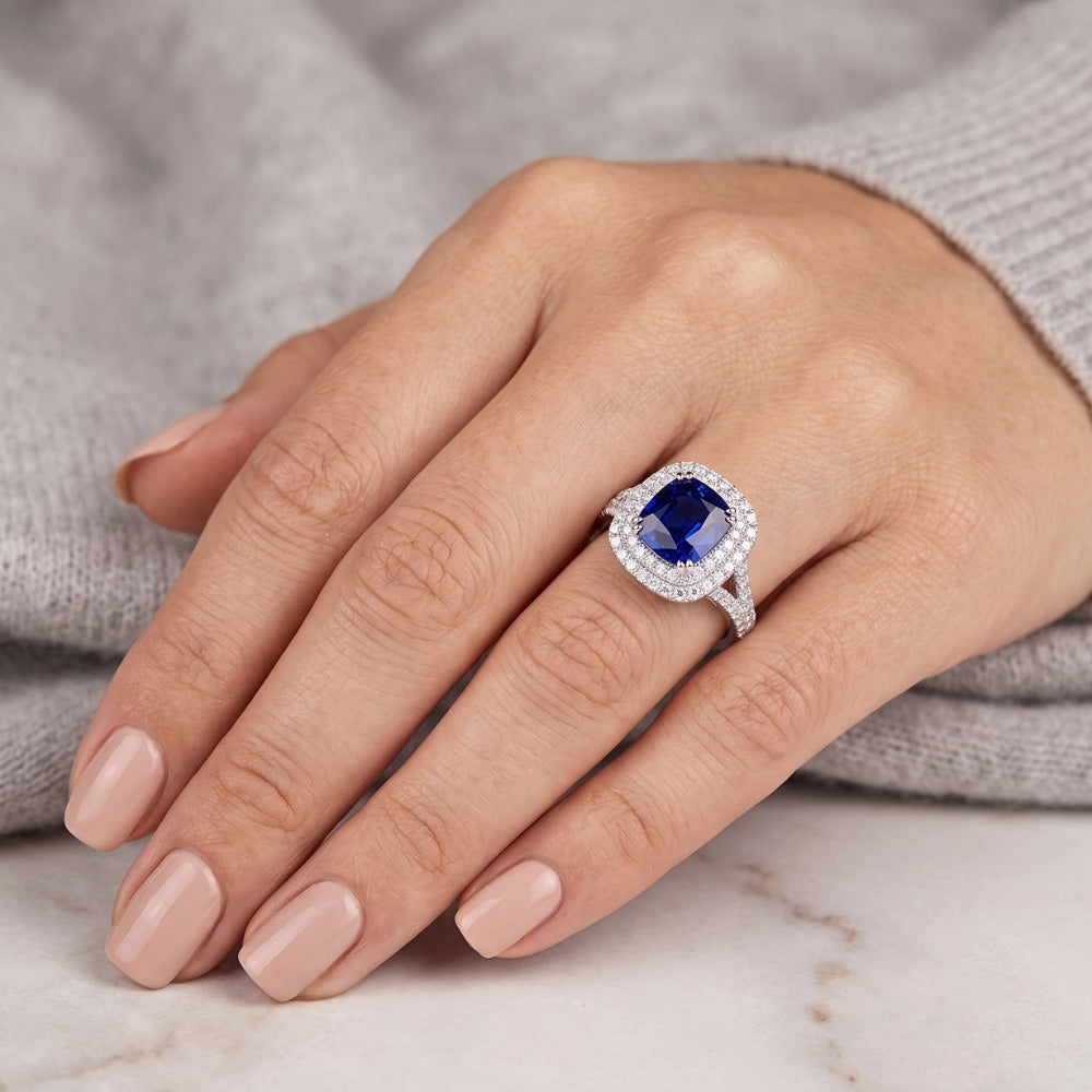Double Halo Cushion Sapphire Ring Pave Split Shank Natural Earth Mined Diamonds 4 Carats