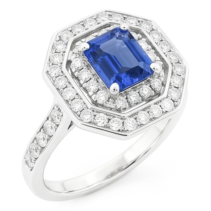 Double Halo Emerald Sapphire Ring 2.50 Carats Round Natural Earth Mined Diamonds Prong Set