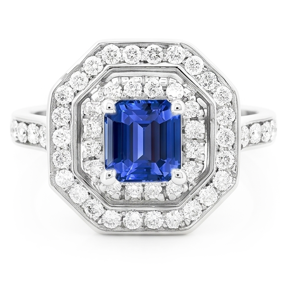 Double Halo Emerald Sapphire Ring 2.50 Carats Round Natural Earth Mined Diamonds Prong Set