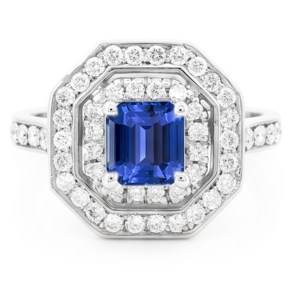 Double Halo Emerald Sapphire Ring 2.50 Carats Round Natural Earth Mined Diamonds Prong Set