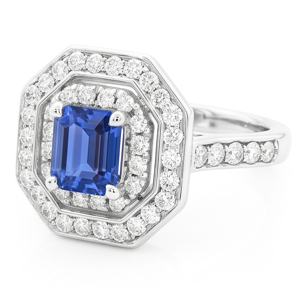Double Halo Emerald Sapphire Ring 2.50 Carats Round Natural Earth Mined Diamonds Prong Set