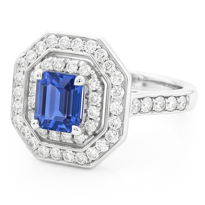 Double Halo Emerald Sapphire Ring 2.50 Carats Round Natural Earth Mined Diamonds Prong Set