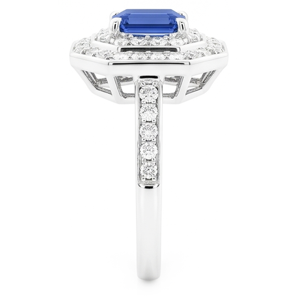 Double Halo Emerald Sapphire Ring 2.50 Carats Round Natural Earth Mined Diamonds Prong Set