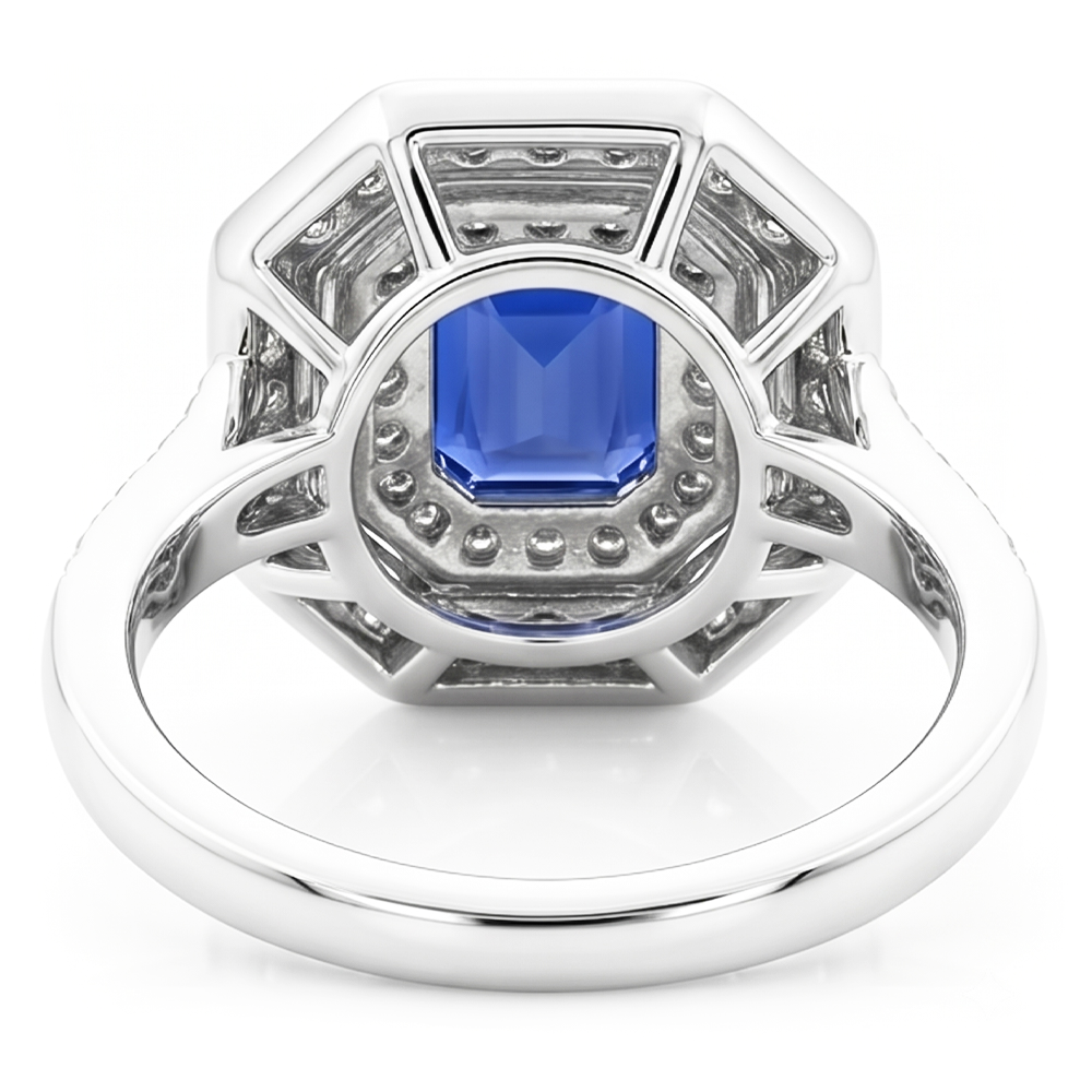 Double Halo Emerald Sapphire Ring 2.50 Carats Round Natural Earth Mined Diamonds Prong Set