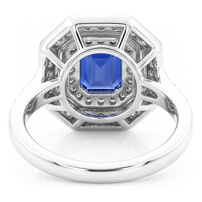 Double Halo Emerald Sapphire Ring 2.50 Carats Round Natural Earth Mined Diamonds Prong Set