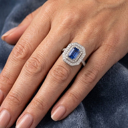 Double Halo Emerald Sapphire Ring 2.50 Carats Round Natural Earth Mined Diamonds Prong Set