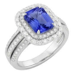 Double Halo Engagement Ring Radiant Sapphire 6 Carats Natural Earth Mined Diamonds