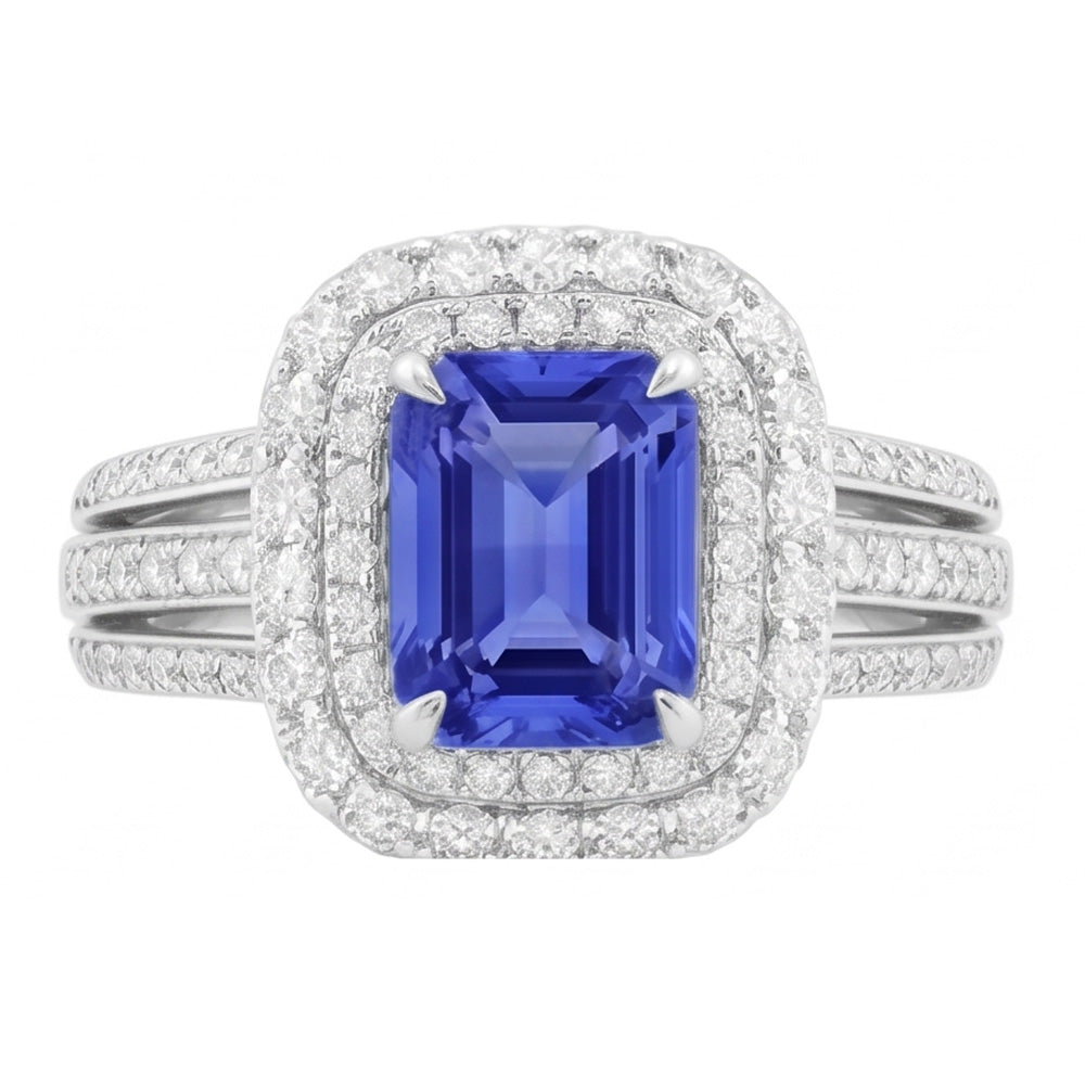 Double Halo Engagement Ring Radiant Sapphire 6 Carats Natural Earth Mined Diamonds
