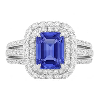 Double Halo Engagement Ring Radiant Sapphire 6 Carats Natural Earth Mined Diamonds
