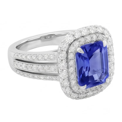 Double Halo Engagement Ring Radiant Sapphire 6 Carats Natural Earth Mined Diamonds