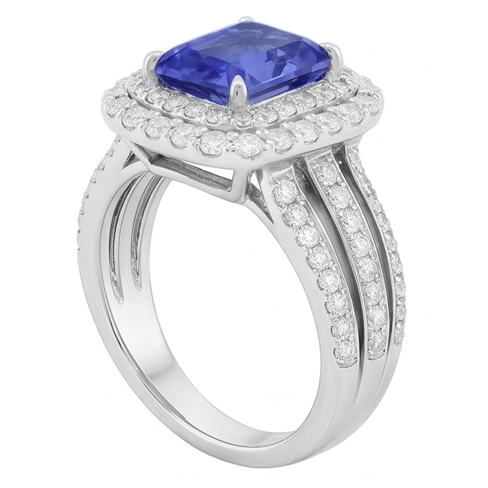Double Halo Engagement Ring Radiant Sapphire 6 Carats Natural Earth Mined Diamonds