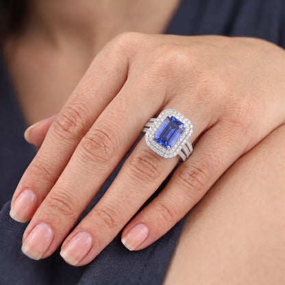 Double Halo Engagement Ring Radiant Sapphire 6 Carats Natural Earth Mined Diamonds