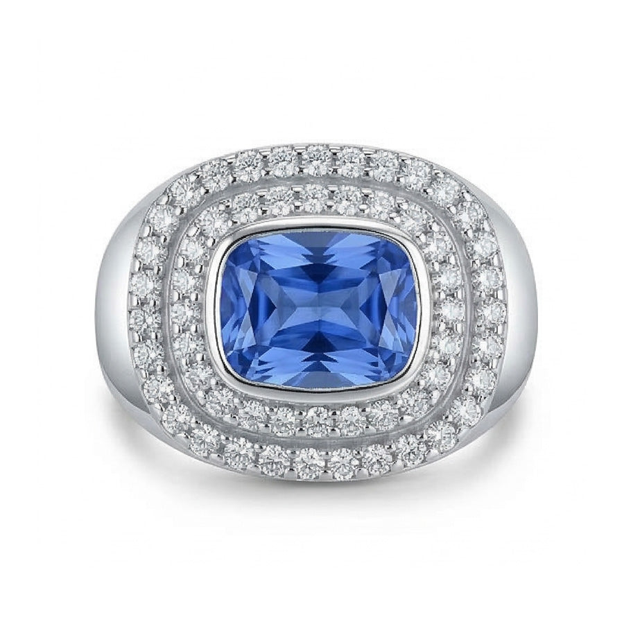 Double Halo Men's Ring Bezel Set Cushion IGI CERTIFIED Blue Sapphire 4.50 Ct