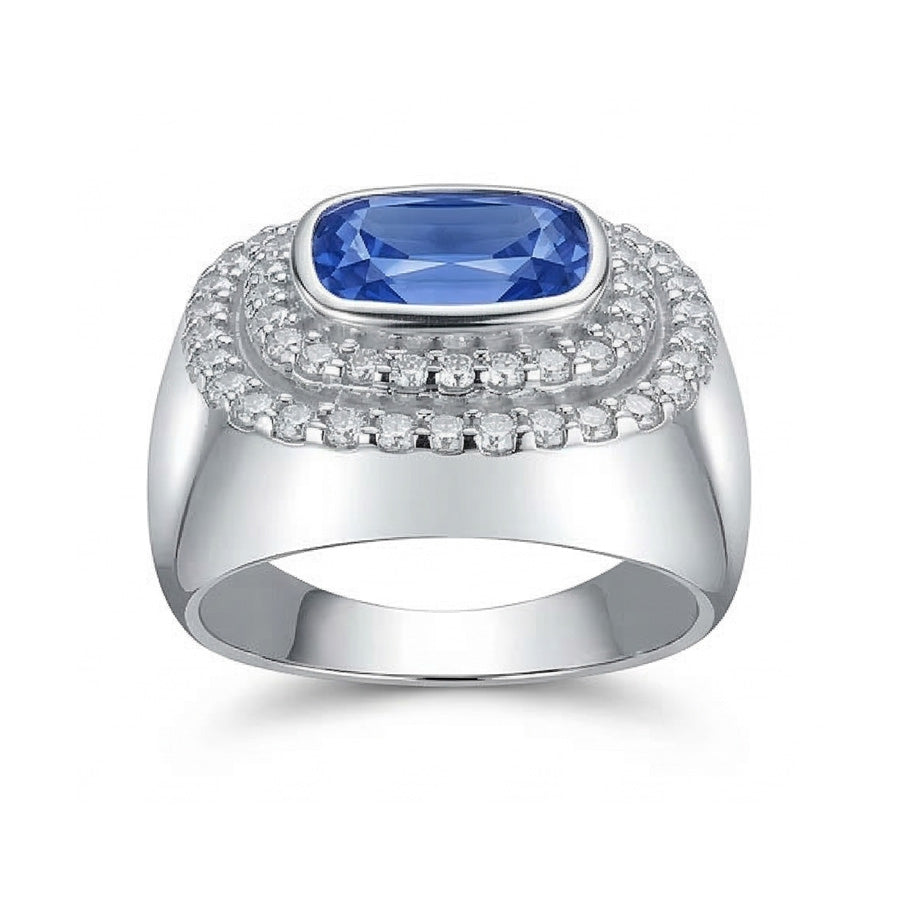 Double Halo Men's Ring Bezel Set Cushion IGI CERTIFIED Blue Sapphire 4.50 Ct