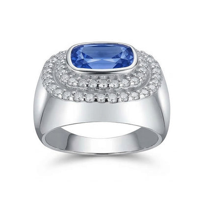 Double Halo Men's Ring Bezel Set Cushion IGI CERTIFIED Blue Sapphire 4.50 Ct