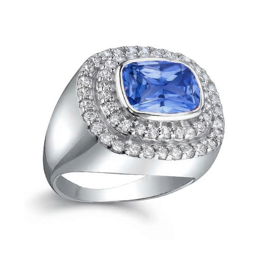 Double Halo Men's Ring Bezel Set Cushion IGI CERTIFIED Blue Sapphire 4.50 Ct