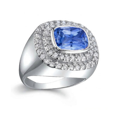 Double Halo Men's Ring Bezel Set Cushion IGI CERTIFIED Blue Sapphire 4.50 Ct