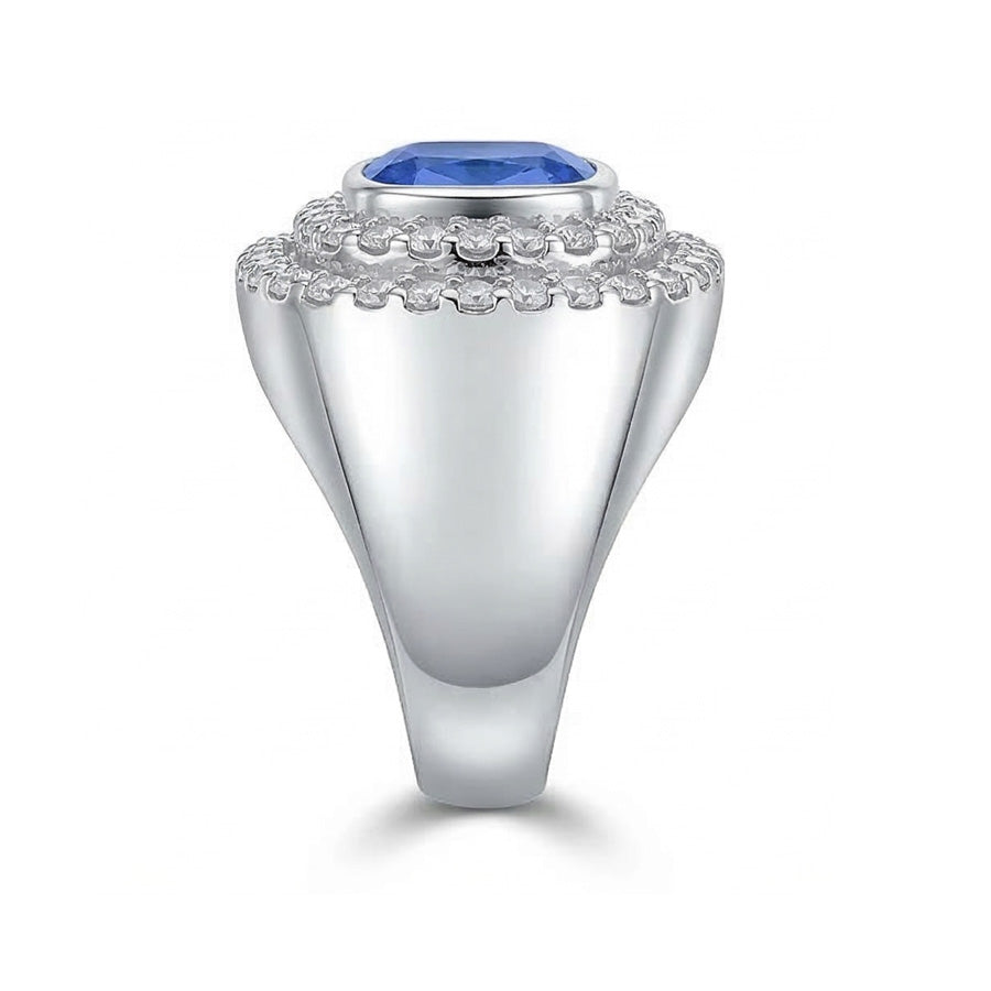 Double Halo Men's Ring Bezel Set Cushion IGI CERTIFIED Blue Sapphire 4.50 Ct