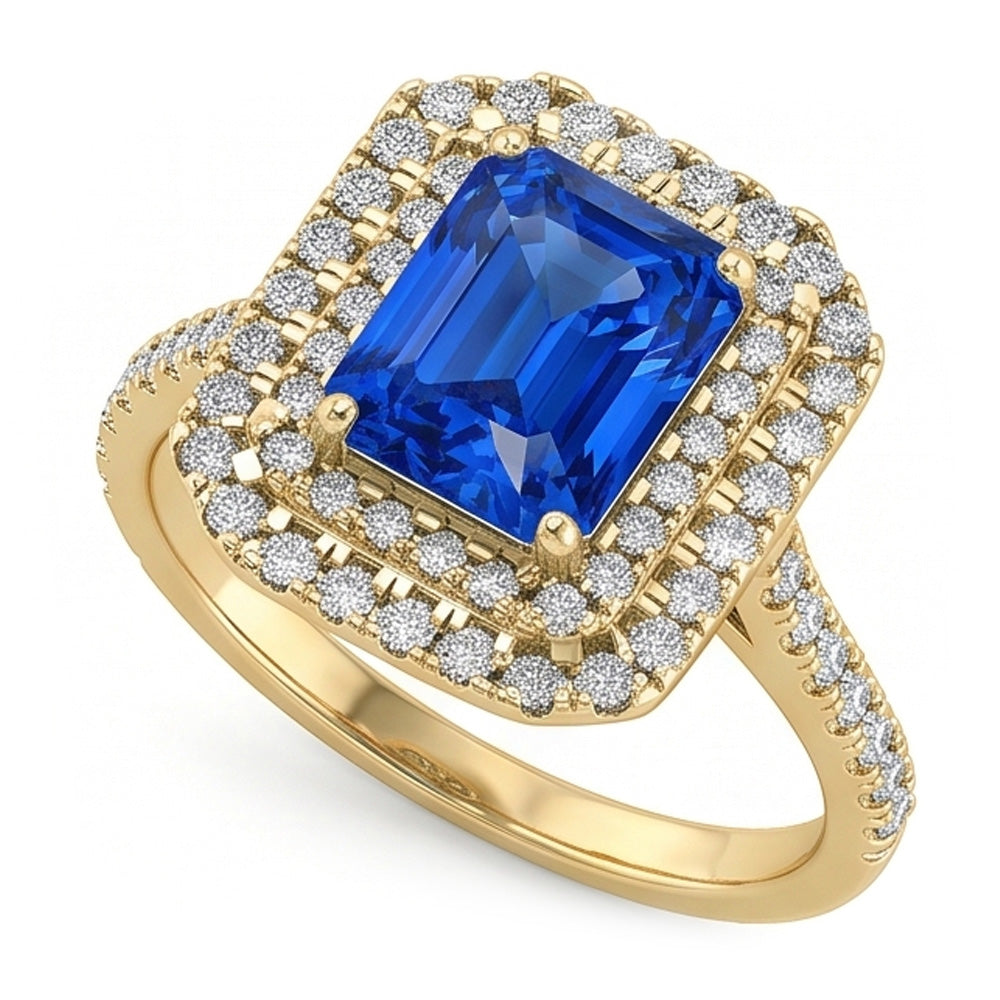 Double Halo Natural Earth Mined Diamond Ceylon Sapphire Ring 3.50 Carats Women Yellow Gold