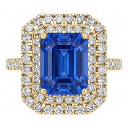 Double Halo Natural Earth Mined Diamond Ceylon Sapphire Ring 3.50 Carats Women Yellow Gold