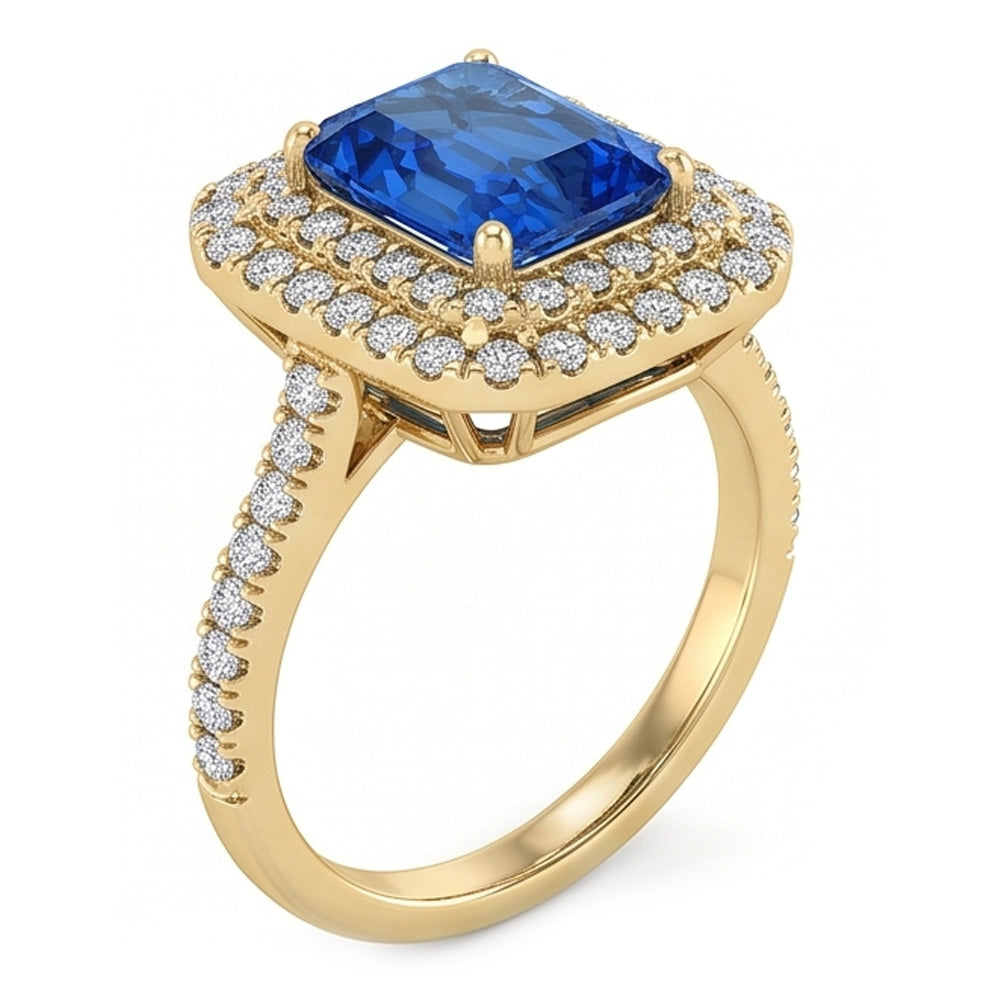 Double Halo Natural Earth Mined Diamond Ceylon Sapphire Ring 3.50 Carats Women Yellow Gold