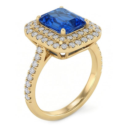 Double Halo Natural Earth Mined Diamond Ceylon Sapphire Ring 3.50 Carats Women Yellow Gold