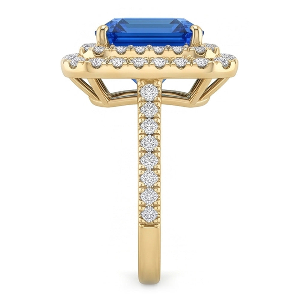 Double Halo Natural Earth Mined Diamond Ceylon Sapphire Ring 3.50 Carats Women Yellow Gold