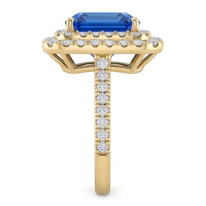 Double Halo Natural Earth Mined Diamond Ceylon Sapphire Ring 3.50 Carats Women Yellow Gold