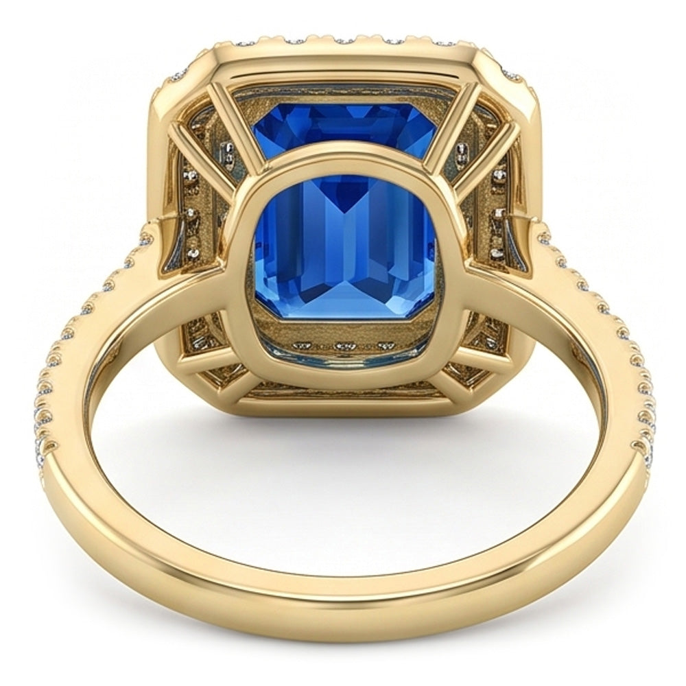 Double Halo Natural Earth Mined Diamond Ceylon Sapphire Ring 3.50 Carats Women Yellow Gold