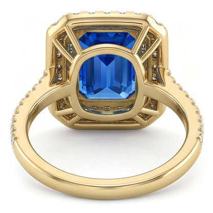Double Halo Natural Earth Mined Diamond Ceylon Sapphire Ring 3.50 Carats Women Yellow Gold