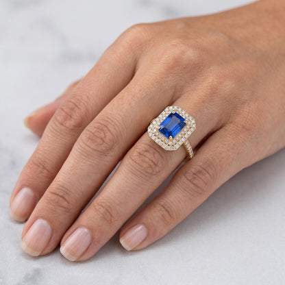 Double Halo Natural Earth Mined Diamond Ceylon Sapphire Ring 3.50 Carats Women Yellow Gold