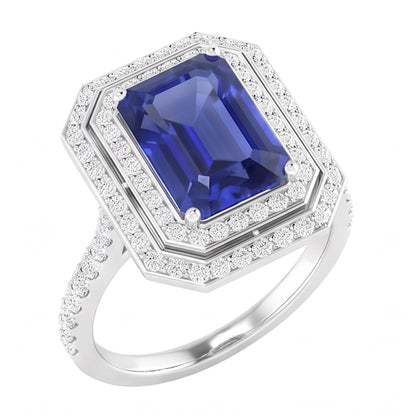 Double Halo Natural Earth Mined Diamond Engagement Ring Emerald Sapphire 3.50 Carats