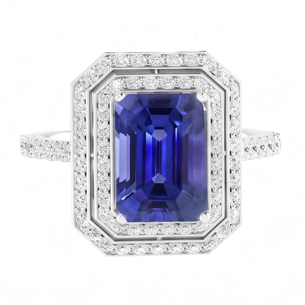 Double Halo Natural Earth Mined Diamond Engagement Ring Emerald Sapphire 3.50 Carats