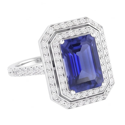 Double Halo Natural Earth Mined Diamond Engagement Ring Emerald Sapphire 3.50 Carats