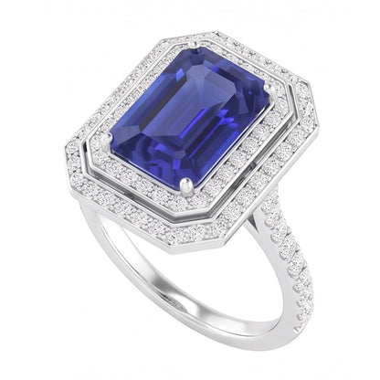 Double Halo Natural Earth Mined Diamond Engagement Ring Emerald Sapphire 3.50 Carats