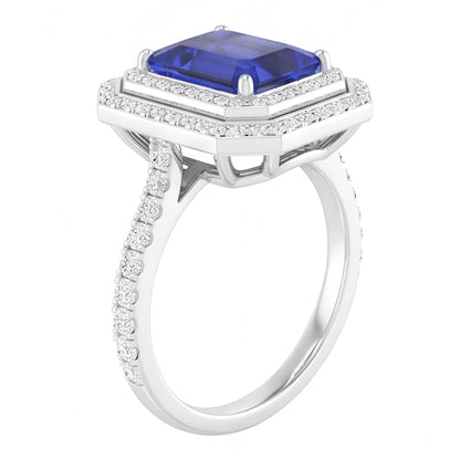 Double Halo Natural Earth Mined Diamond Engagement Ring Emerald Sapphire 3.50 Carats